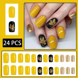 24 Pcs Fall Glitter Press on Nails Square Fake Nails with Maple Leaf Gold Glitter Design False Nails Glossy Yellow Acrylic Nails Full Cover Stick on Nails for Women Girls Autumn Winter Nail Art Decor