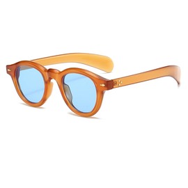 JOVAKIT Trendy Round Sunglasses for Women Men 90s Retro Vintage Classic Fashion Round Frame Sun Glasses Black Shades (Light Tea/Blue)