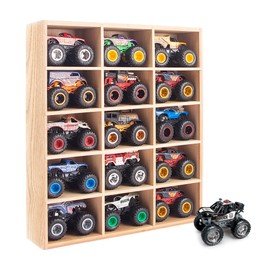 Wood Monster Trucks Display Case, 15-Slot Organizer for Monster Trucks Storage - Detachable Shelves, Wall-Mountable with Hanging Screws Included (Wood)