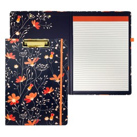 Steel Mill & Co Cute Clipboard Folio with Refillable Lined Notepad and Interior Storage Pocket, Stylish Navy Blue and Coral Clipfolio, Floral Vines