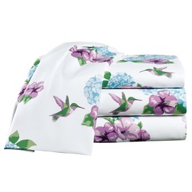 Collections Etc Humming Bird Floral 4-Piece White Sheet Set