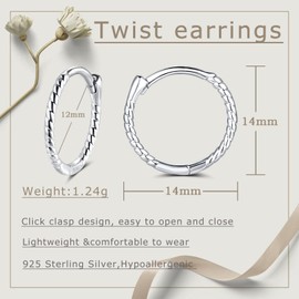 Cangall Silver Hoop Earrings for Women, 925 Sterling Silver Twisted Hoop Earrings, Hypoallergenic Small Cartilage Sleeper Hoop Earrings Silver Huggie Earrings Jewelry Gift for Birthday Christmas