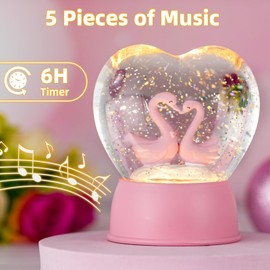 Heart Shape Snow Globes for Women, Swan Glitter Globes with Musical, Pink Lantern with 6h Timer, Engagement Wedding Party Valentine's Day Decorations Gifts, USB & Battery Operated
