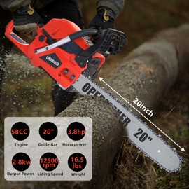 OPERMAXER 58CC 20 Inch 2-Cycle Gas Powered Chainsaw, 12500r/min 3.8 HP Chainsaw Gas Powered, Low Kickback, Anti-Vibration, Protective Design for Tree Wood Cutting(Red)