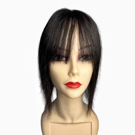 Doll Bangs Human Hair Toppers Clip Bangs Fringe Hair Volume Brazilian Straight Air Bangs For Hair Loss 10x11cm PU Scalp (Black, 12 inch)