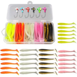 Beatyarmy 36 Pcs Fishing Lures with Heads Hooks Kit Artificial Soft Plastic Grubs Soft Fishing Soft Lures for Bass Freshwater Saltwater Crappie Trout