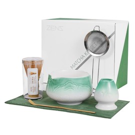 ZENS Matcha Whisk Set, Ceramic Matcha Set Includes Matcha Bowl, Matcha Whisk and Holder, Bamboo Scoop, Stainless Sifter & Tea Towel - 6Pcs Matcha Kit for Matcha Ceremony, Blue
