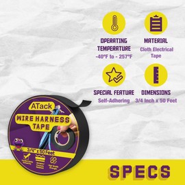 ATack Wire Harness Tape Black Cloth Tape Wire Loom Tape ¾-Inch x 50-Feet High Temperature Cloth Electrical Tape Automotive Electrical Tape, Cloth Tape Automotive Tape, Fabric Wire Tape
