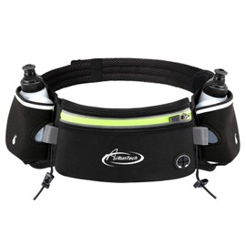 AiRunTech Running Belt with Water Bottles No Bounce Hydration Belts Can be Cut to Size Design Strap for Runners(2 * 6 OZ Bottles)