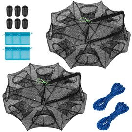 QualyQualy Fishing Bait Trap Crab Net Fishing Trap for Minnow/Crab/Shrimp/Crawdad with Rope, 6/8/10 Holes Large Space Fishing Net (6 Holes - 2 Pcs, 27.6 * 10'')
