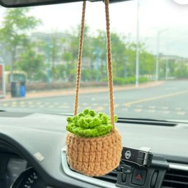 Cute Car Crochet Hanging Basket, Car Ornament Knitting, Car Rear View Mirror Accessories Car Ornament, Cute Car Plant Accessories, Hanging Plant for Car Decor, Car Accessories, Succulent Plants