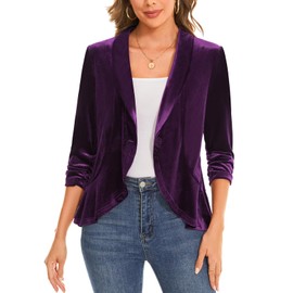 MINTLIMIT Velvet 3/4 Sleeve Cardigan Coat with Ruffle Hem One-Button Shawl Collar for Casual and Professional Settings (Purple S)