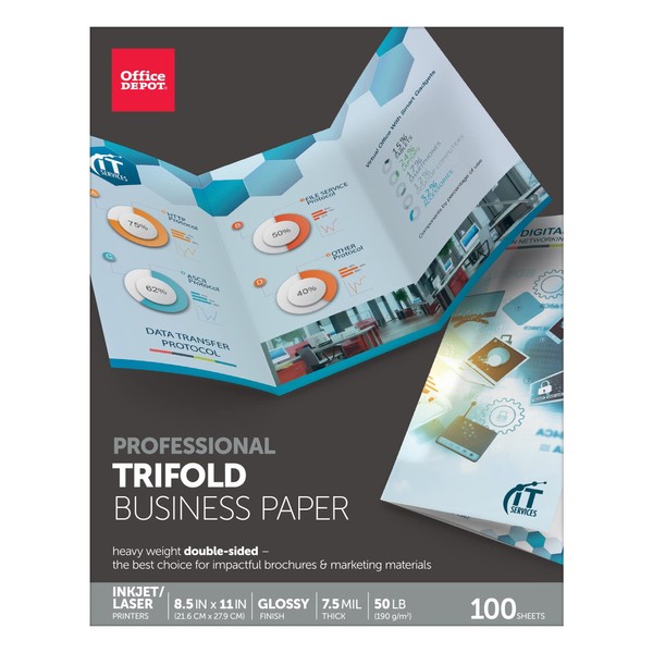 Office Depot Double-Sided Presentation Paper, Glossy, Tri-Fold, 8 1/2in. x 11in., 50 Lb, Pack Of 100 Sheets, 124214
