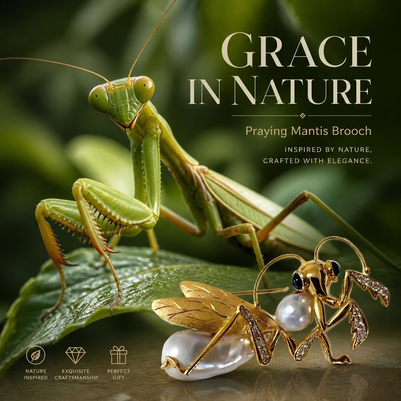 Gold Mantis Brooch, Pearl Clear Crystal Insect Lapel Pin