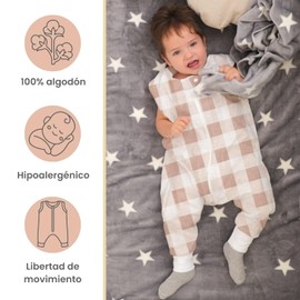 Nap Baby Saco para Dormir Bebé, Cobijas para Bebé para Vestir al Dormir. Saquitos para Dormir con Abertura para pies - 100% Algodón - Gingham Beige - 2 a 4 años