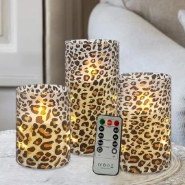 Flameless LED Candles Set 3D Wick Acrylic Flickering Floral String Light Battery Operated Remote Timer Cute Candlescolor: Leopard, size: High:6" x 3" ;Medium:5" x 3" ;Low:4" x 3"