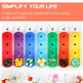 FINPAC Pill Box 7 Days 4 Compartments - Pill Box 4 Times a Day with Faux Leather Bag and Name Card Medication Box for Pills Vitamin Fish Oil for Morning, Noon, Evening, Night, Blooming Hibiscus