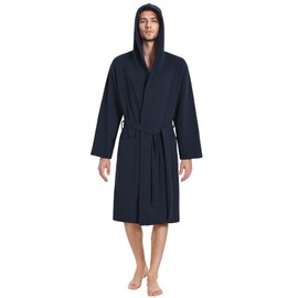 Latuza Men's Waffle Knit Hooded Robe Lightweight Bathrobe, Navy, Medium