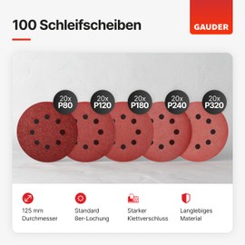 GAUDER Starter Sanding Discs Set for Random Orbital Sanders Diameter 125 mm | Pack of 100 Sandpaper Velcro | 8 Hole Sanding Sheets Round Each 20 x 80/120/180/240/320 Grit