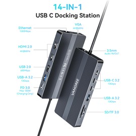USB C Docking Station, 14 in 1 USB C Hub Multiport Adapter, Triple Display 3 Monitors with Dual 4K HDMI+VGA, 100W Power Delivery, 5xUSB A/C 10Gbps, Ethernet, SD/TF, Audio Ports for MacBook/Dell/HP