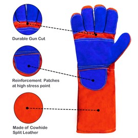 AMERICAN FUR Welding/BBQ Leather Gloves, 16 Inches, Red-Blue, Heat/Fire Resistant, Mitts for Oven/Grill/Fireplace/Furnace/Stove/BBQ/16 inches Extra Long Sleeve