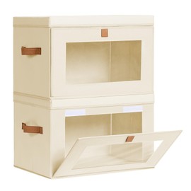 Homsorout Large Closet Storage Organizer - Collapsible Storage Bins with Handles & Window, Decorative Storage Boxes with Lids, Fabric Storage Containers for Living Room, Dorm, 2 Pack, Beige