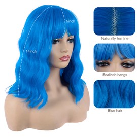 Cetiq Short Bob Wigs with Bangs for Women Loose Wavy Wig Curly Wavy Shoulder Length Bob Synthetic Cosplay Wig for Girl Colorful Costume Wigs (Blue)