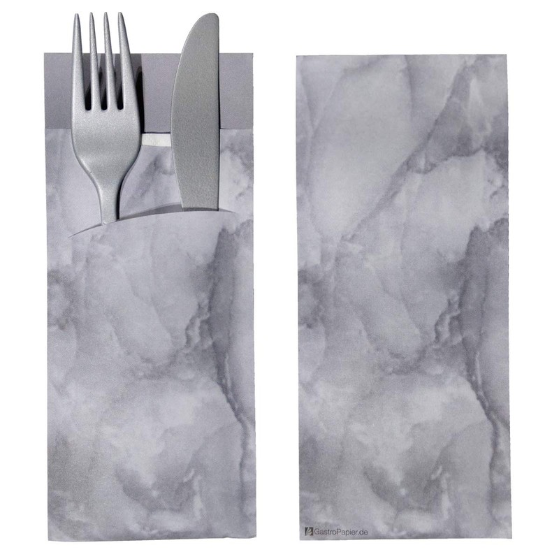 30 Cutlery Pockets with Napkin Grey Marbled 20 cm