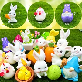 Easter Mini Rabbit Figurines 23pcs Bunny Gnomes Egg Resin Miniatures Figures to Hide Chicken Animal Flower Carrots Fairy Figures for Garden Spring Ornament Egg Stuffers Gift
