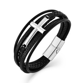Raymard Mens Christian Cross Leather Bracelet, Black/Silver/Gold Wrap Braided Bangle Bracelet for Men, Stainless Steel Clasp-Silver