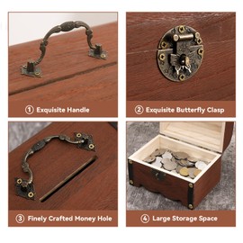 Ragyzity Wooden Piggy Bank, Money Saving Bank, Safe Money Box Savings with Lock Wood Carving, Creative Vintage Wooden Box, Rustic Small Wooden Box Decorative Coin Bank, Present for Boys and Girls (L)