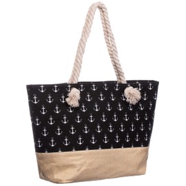 Brandsseller Beach bag, swimming bag, maritime with zip, canvas, approx. 50 x 36 x 15 cm, shoulder bag, shopping bag, bath bag, Anchor/Black