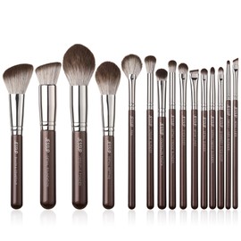 Jessup T498 Makeup Brush Set 15-Piece Make Up Brush Set Premium Synthetic Powder Brush Foundation Eyebrow Concealer Rouge Eyeshadow Contour Eyeliner Highlighter Brush Brown