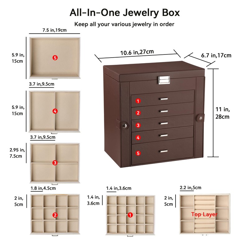 Frebeauty Large Jewelry Box,6-Tier PU Leather Jewelry Organizer,Multi-functional Storage Case