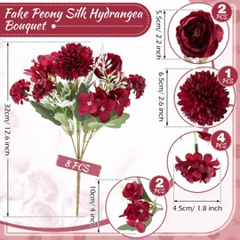 Lyrow 8 Pcs Peony Artificial Flowers Fake Silk Hydrangea Bouquet Elegant Peony Flowers for Wedding Decoration Faux Realistic Floral for Home Party Table Centerpieces Arrangement (Claret)