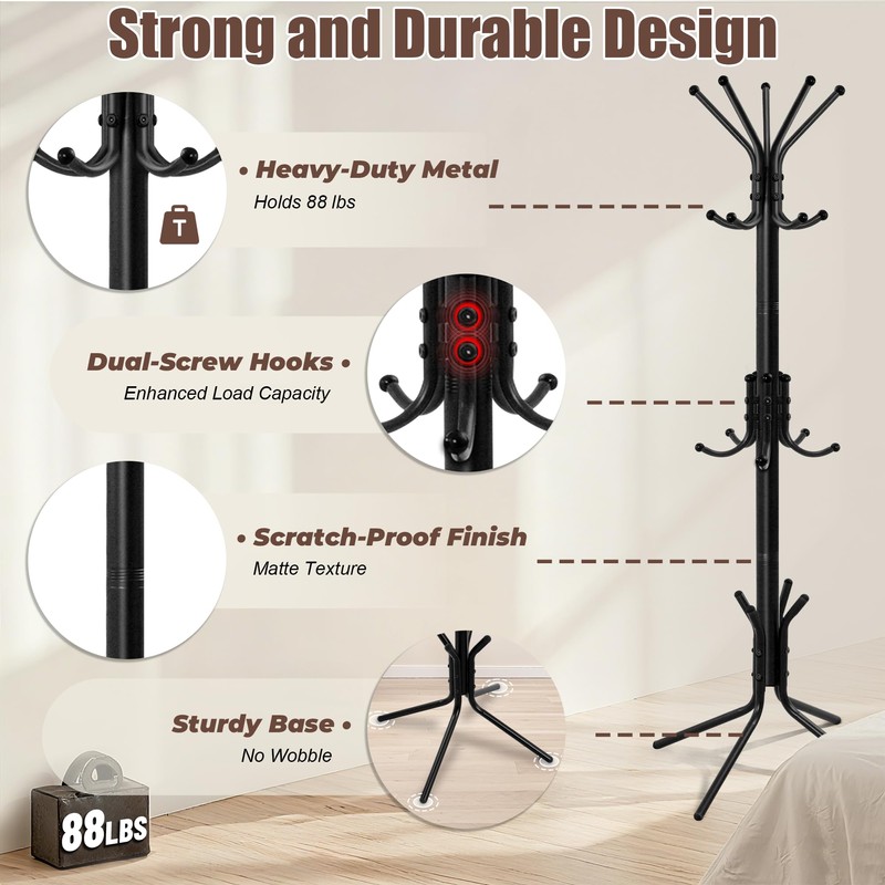 Outspurge Metal Coat Rack, Freestanding Coat Tree & Hall Tree
