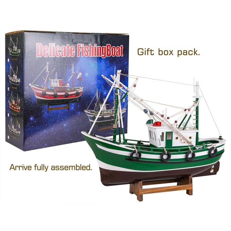 SAILINGSTORY Wooden Fishing Boat Model Ship Model Decor Green