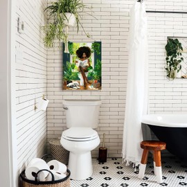 African American Bathroom Decor Wall Art Green Botanical Black Girl Pictures Canvas Wall Art Fashion Modern Black Woman Wall Decor Framed Artwork For Bathroom Bedroom 16"x20"
