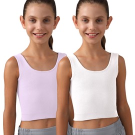 Girls Tank Tops Double Lined Ribbed Knit Crop Tops 2 Pack Basic Sleeveless Athletic Round Neck Dance Top BY002-White Lilac-DL