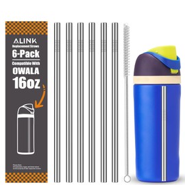 ALINK Stainless Steel Straws for 16oz Owala FreeSip Insulated Water Bottle, 6 Pack Reusable Metal Replacement Straws Compatible With 16oz Owala Freesip Cup Lid Only, Plus Straw Brush, Dishwasher Safe
