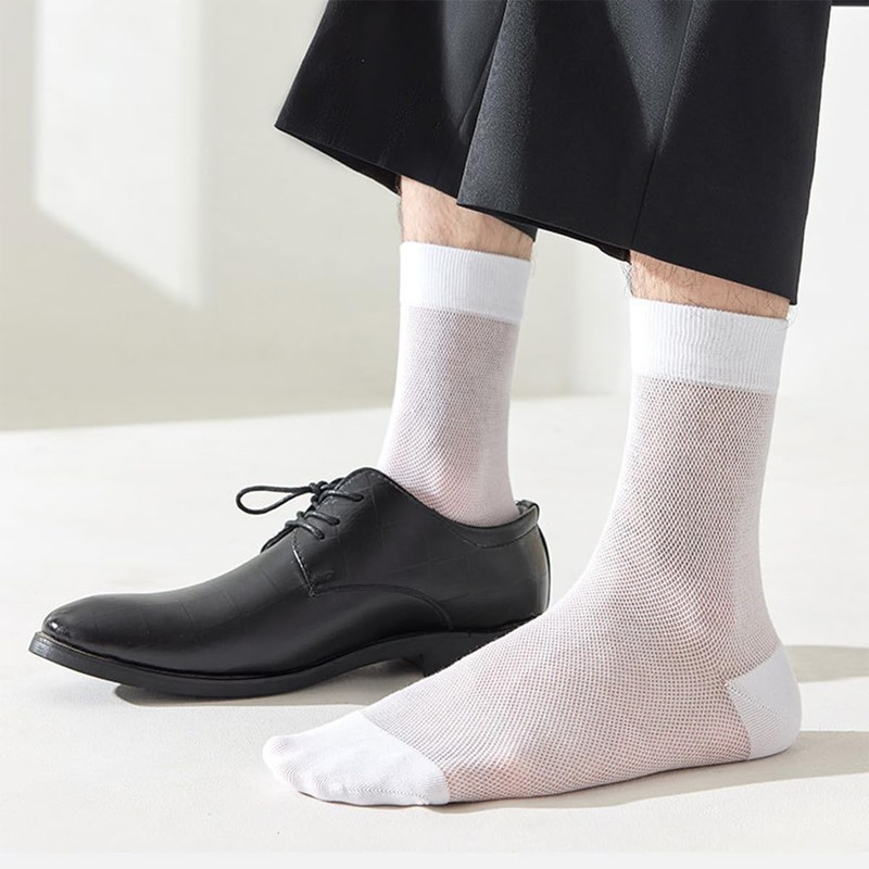 FQZMQBQ Men's Summer Business Socks, Black, White, Mesh, Solid, Thin,