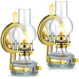 Yexiya 2 Pcs Large Kerosene Lamp Lantern Large Chamber Oil Lamp Wall Mounted Kerosene Lamp Vintage Glass Clear Kerosene Lamp Rustic Oil Lamp with Oil Wick for Indoor Home Decor Lighting (Gold)