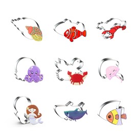WJSYSHOP Ocean Creature Animal Cookie Cutters 9-Pc Set – Conch Seashell Clownfish Lobster Octopus Crab Jellyfish Mermaid Shark Tropical Fish - A