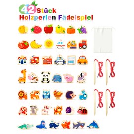 DealKits Motor Skills Toy 2 Years - 42 Pieces Wooden Beads Threading Game Educational Wooden Toy - Wooden Beads for Threading - Animals, Vegetables, Vehicles - Montessori Toy for Children from 2 Years