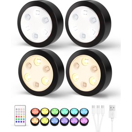 Ametheus Puck Lights with Remote, RGB Push Lights 14 Colors Changeable, LED Under Cabinet Lights, 1200mAh Rechargeable Tap Lights, Wireless Stick on Lights for Kitchen, Shelf, Counter, Closet (4 Pcs)