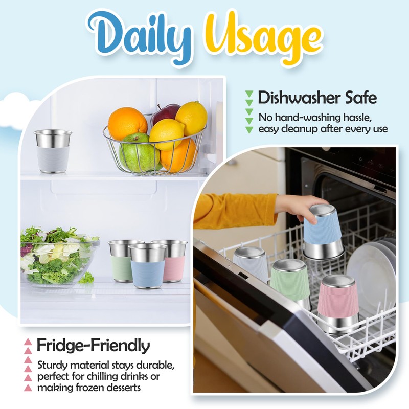 Stainless Steel Kids Cups with Silicone Sleeves, 8oz Metal Tumbler