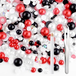 NACHLYNN 60g Mix Pearls and Half Round Rhinestones for Crafts Flatback Rhinestones Mixed Size 3mm-10mm Flatback Pearls for DIY Nail Art Shoes Apparel Tumblers Mugs (Red Black)