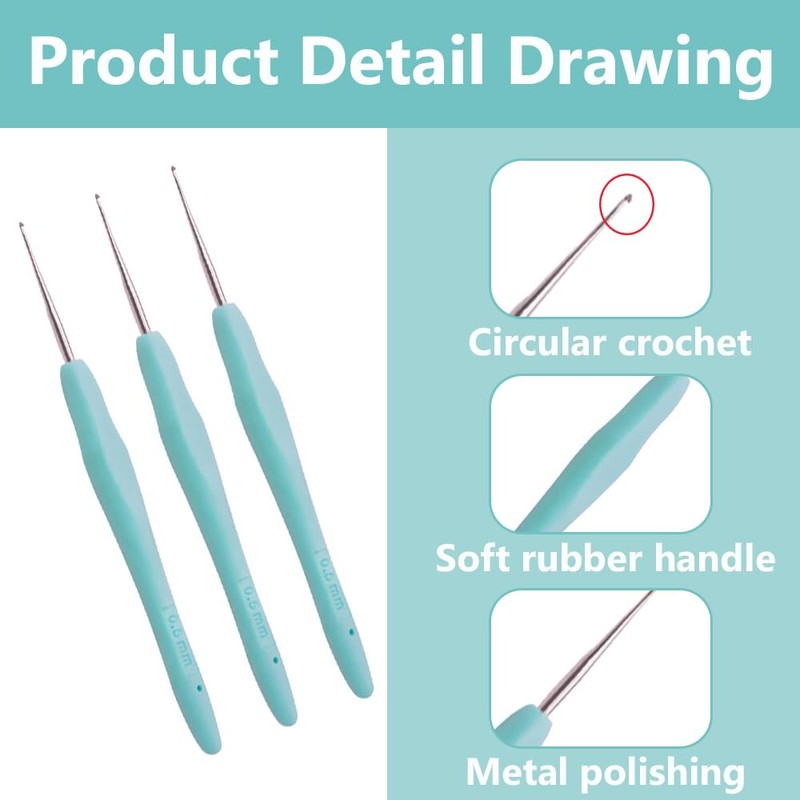 Crochet Hook 0.5mm 3 Pcs,Small Crochet Hook 0.5mm Dreadlocks, Ergonomic