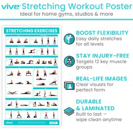 Vive Workout Posters for Home Gym - 52 Streching Exercises Full Body Workout - Laminated Pre Post Routines Wall Chart - Bodyweight Poses Instruction Guide for Core, Abs, Legs, Glutes, Upper Body