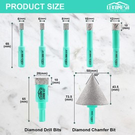 LEKOMESH Diamond Core Drill Bits Set 7pcs Tile Hole Saw Kit Triangle Shank(6/6/8/10/12/20mm/50mm Diamond Chamfer Bits)